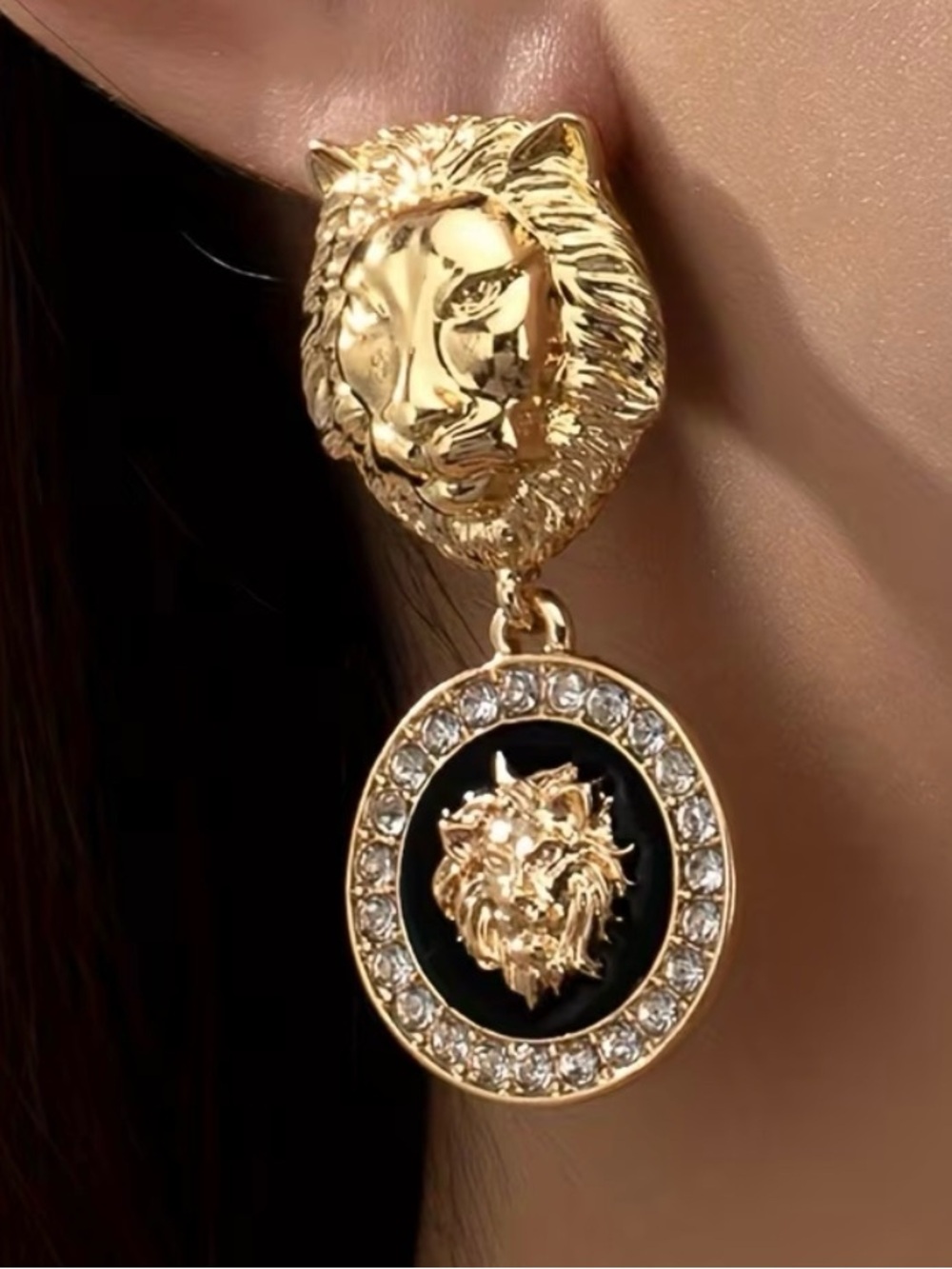 Gold Lion Head Drop Earrings w/ Black Disc Stud Statement Women’s Fashion NWT - Picture 4 of 6